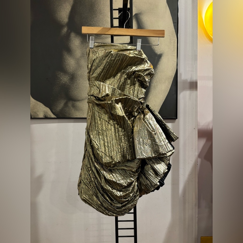 Birte Wiberg Gold Lame Mini Cocktail Evening Gown and Ruffled Wrap